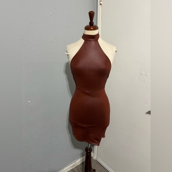 SHEIN Rust Brown Asymmetrical Hem Open Back PU leather Bodycon Party Dress Sz XS - Picture 5 of 15